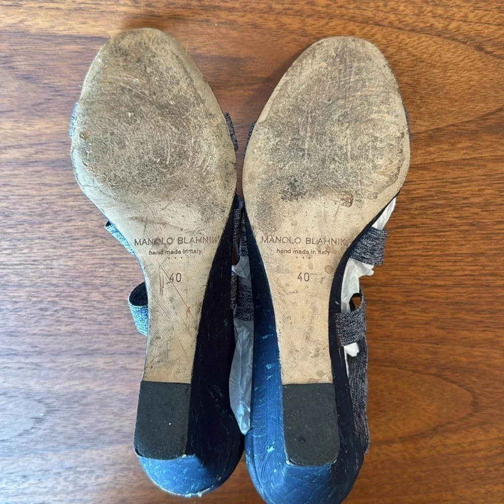 Manolo Blahnik “Glassa” Crisscross Denim Wedge Sandals in Blue, Size 10